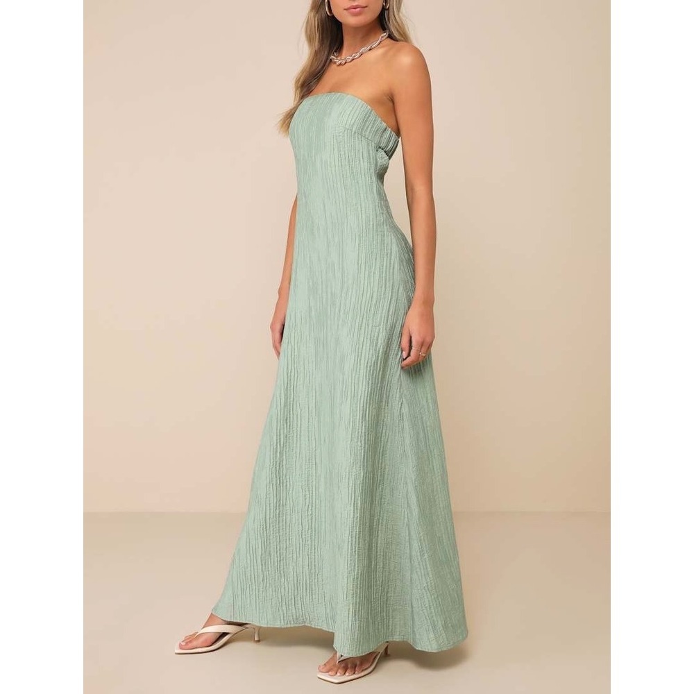 Lulus Maxi Dress Radiant‎ Season Plisse Cutout Strapless NEW Sage Green Medium